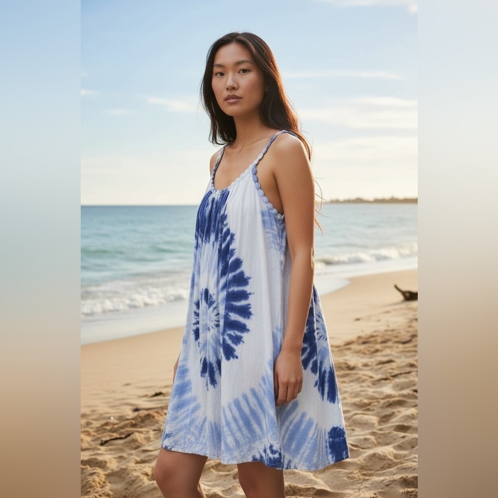 Cromer Resortwear Blue/White tie dye sundress beach coverup,‎ size Small